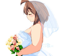  ahoge banned_artist bare_shoulders blush bouquet breasts bridal_veil brown_hair closed_eyes dress eno_konoe eyebrows flower from_side huge_breasts mikomu original plump short_hair smile solo thick_eyebrows veil wedding_dress 