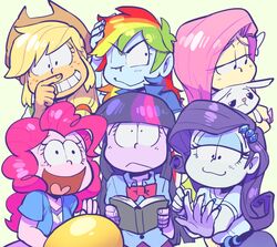  6+girls :&gt; :&lt; :3 angel_bunny applejack_(equestria_girls) bad_id bad_twitter_id blonde_hair blue_skin book colored_skin curly_hair fluttershy_(equestria_girls) heart heart_in_mouth long_hair multicolored_hair multiple_girls my_little_pony my_little_pony:_equestria_girls my_little_pony:_friendship_is_magic orange_skin osomatsu-san osomatsu_(series) parody personification pink_hair pink_skin pinkie_pie_(equestria_girls) purple_hair purple_skin rainbow_dash_(equestria_girls) rarity_(my_little_pony) sanjiro_(tenshin_anman) spiked_hair streaked_hair style_parody twilight_sparkle_(human) twilight_sparkle_(mlp) yellow_skin 