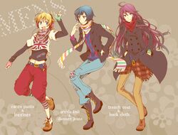  3boys ahoge alternate_costume aqua_eyes argyle_clothes argyle_sweater asymmetrical_gloves blonde_hair blue_eyes blue_hair boots buttons casual coat commentary_request contemporary double-breasted fashion fingerless_gloves gloves headphones kagamine_len kaito_(vocaloid) kamui_gakupo long_hair male_focus mismatched_gloves multicolored_clothes multicolored_scarf multicolored_stripes multiple_boys pants pants_tucked_in plaid polka_dot_gloves purple_hair red_pants scarf shivue shoes smile striped_clothes striped_scarf sweater vocaloid 