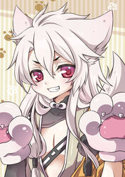  1boy animal_hands commentary_request fox_tail gloves grin japanese_clothes kogitsunemaru long_hair male_focus paw_gloves paw_print photoshop_(medium) red_eyes smile solo tail takoyaki_kenken touken_ranbu white_hair 