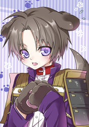  1boy animal_ears animal_hands armor brown_hair commentary_request curtained_hair dog_boy dog_ears dog_tail flying_sweatdrops gloves heshikiri_hasebe japanese_armor male_focus oerba_yun_fang open_mouth paw_gloves paw_print photoshop_(medium) purple_eyes shoulder_armor sode solo tail takoyaki_kenken touken_ranbu 