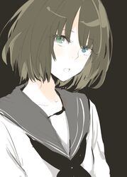  blue_eyes blush commentary female green_eyes grey_background grey_hair heterochromia idolmaster idolmaster_cinderella_girls mole mole_under_eye napata open_mouth school_uniform short_hair simple_background solo takagaki_kaede 