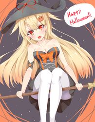  alternate_costume bare_shoulders blouse broom broom_riding commentary_request cross day_mello earrings female hair_flaps hair_ornament halloween hat jack-o&#039;-lantern jack-o&#039;-lantern_hair_ornament jewelry kantai_collection long_hair messy_hair open_mouth pantyhose shirt skirt smile solo white_pantyhose witch_hat yuudachi_(kancolle) yuudachi_kai_ni_(kancolle) 