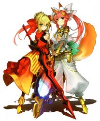  2girls aestus_estus amaterasu_(fate) animal_ears blonde_hair breasts cleavage fate/extra fate/extra_ccc fate_(series) fox_ears fox_tail green_eyes hair_ribbon medium_breasts mirror multiple_girls nero_claudius_(fate) nero_claudius_(fate/extra) nero_claudius_(mythology_mystic_code_of_emperor)_(fate) official_alternate_costume official_art pink_hair ribbon suiten_nikkou_amaterasu_yanoshisu_ishi sword tail tamamo_(fate) tamamo_no_mae_(fate/extra) underboob wada_arco weapon 