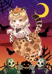  :d absurdres adapted_costume animal_ears bat_(animal) belt blonde_hair blush bow bowtie brown_bow brown_bowtie cloud commentary_request crescent_moon evening female frilled_shirt frills fur_collar hands_up high-waist_skirt highres jack-o&#039;-lantern jaguar_(kemono_friends) jaguar_ears jaguar_print jaguar_tail jaguarman_series kakutasu_(akihiron_cactus) kemono_friends looking_at_viewer meme moon neta open_mouth paw_pose print_skirt print_thighhighs shirt short_hair short_sleeves silk skeleton skirt skull_servant sky smile solo spider_web star_(sky) starry_moon tail thighhighs tree yellow_eyes 