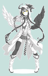  ahoge angel_wings asymmetrical_legwear bad_id bad_pixiv_id black_hair boots braid breasts coat female hair_over_shoulder hood hooded_jacket jacket kneehighs levka miniskirt monochrome navel necktie no_bra original short_ponytail single_kneehigh single_sock single_thighhigh skirt small_breasts socks solo spot_color standing thighhighs twin_braids underboob uneven_legwear unzipped wings yellow_eyes 