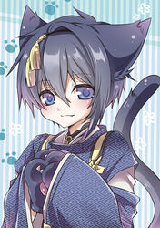  1boy animal_ears animal_hands blue_eyes blue_hair cat_ears cat_paws cat_tail commentary_request gloves japanese_clothes male_focus mikazuki_munechika oerba_yun_fang own_hands_together paw_gloves paw_print photoshop_(medium) sayagata smile solo tail takoyaki_kenken touken_ranbu 