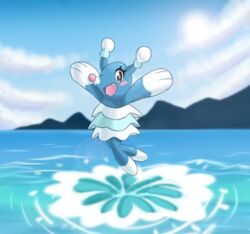  2016 better_version_at_source black_eyes blush brionne cometx-ing_(artist) cute_fangs female feral generation_7_pokemon jumping looking_at_viewer mammal marine mountain nintendo open_mouth pink_nose pink_pupils pinniped pokemon pokemon_(species) pupils rosy_cheeks sea solo trick water 