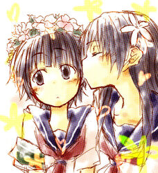  2girls :&lt; black_eyes black_hair closed_eyes commentary_request eerr flower hair_flower hair_ornament head_wreath kissing kissing_cheek long_hair multiple_girls sakugawa_school_uniform saten_ruiko school_uniform serafuku short_hair summer_uniform toaru_kagaku_no_railgun toaru_majutsu_no_index uiharu_kazari yuri 