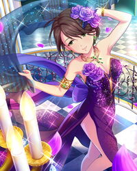  artist_request bare_shoulders bracelet brown_hair candlelight checkered_floor dress earrings female flower green_eyes hair_flower hair_ornament idolmaster idolmaster_cinderella_girls jewelry necklace official_art petals purple_dress shinohara_rei short_hair solo 