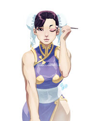  applying_makeup brown_eyes brown_hair bun_cover china_dress chinese_clothes chun-li double_bun dress earrings eyeshadow jeffrey_cruz jewelry lips makeup makeup_brush nose one_eye_closed pantyhose sash short_hair side_slit sleeveless solo street_fighter stud_earrings white_background 