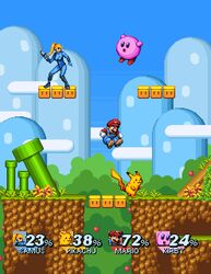  blonde_hair facial_hair fake_screenshot gloves hat junkboy kirby kirby_(series) mario mario_(series) metroid moustache nintendo overalls pikachu pixel_art pokemon ponytail samus_aran super_mario_bros. super_mario_world super_smash_bros. zero_suit 