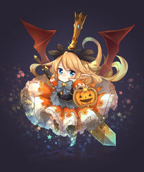  armor armored_boots bat_wings black_bow blonde_hair blue_eyes blush boots bow breastplate buckler charlotta_(granblue_fantasy) commentary dress fake_wings female firuo_(king_fish) frilled_dress frills gauntlets granblue_fantasy halloween harvin highres holding holding_sword holding_weapon jack-o&#039;-lantern long_hair orange_dress pointy_ears puffy_short_sleeves puffy_sleeves shield short_sleeves solo star_(symbol) sword weapon wings 