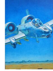  a-10_thunderbolt_ii absurdres acrylic_paint_(medium) aircraft airplane bad_id bad_pixiv_id blue_sky calligraphy_brush_(medium) commentary_request day flying gatling_gun gau-8 hayashi_toshihiro highres horizon military outdoors painting_(medium) rocket scenery shark_nose_art sky solo traditional_media vehicle_focus 