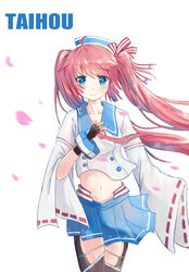  blue_eyes character_name commentary_request female fingerless_gloves gloves hat highres long_hair looking_at_viewer midriff natsume-chan photoshop_(medium) pink_hair skirt smile solo symbol-shaped_pupils taihou_(warship_girls_r) thighhighs twintails very_long_hair warship_girls_r wide_sleeves 