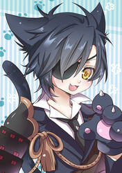  1boy animal_ears animal_hands armor black_hair cat_ears cat_paws cat_tail commentary_request eyepatch gloves japanese_armor male_focus necktie oerba_yun_fang open_mouth paw_gloves paw_print photoshop_(medium) shokudaikiri_mitsutada shoulder_armor smile sode solo tail takoyaki_kenken touken_ranbu yellow_eyes 