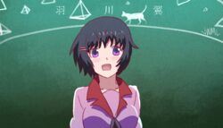  alternate_breast_size animated animated black_hair bouncing_breasts breasts commentary english_commentary female hanekawa_tsubasa happy justin_leyva_(steamy_tomato) medium_breasts mikakunin_de_shinkoukei monogatari_(series) naoetsu_high_school_uniform parody purple_eyes school_uniform short_hair tomadoi_recipe 