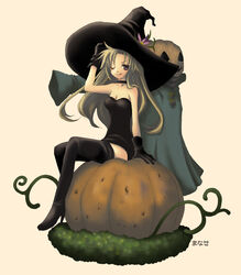  1boy ;q adjusting_clothes adjusting_headwear artist_name black_dress black_footwear black_gloves black_hat blonde_hair boots breasts cleavage commentary deneb_rove dress female flower gloves hat hat_flower high_heel_boots high_heels highres jack-o&#039;-lantern long_hair looking_at_viewer manase medium_breasts microdress one_eye_closed photoshop_(medium) pink_background plant pumpkin pumpkinhead_(ogre_battle) purple_eyes simple_background sitting sleeves_past_wrists strapless strapless_dress tactics_ogre thigh_boots thighhighs tongue tongue_out tunic vines witch witch_hat zettai_ryouiki 