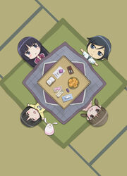  1boy 3girls =_= black_hair blunt_bangs blush brown_hair chibi circle_formation closed_eyes comet-kun commentary_request fengmu food from_above fruit gokou_hinata gokou_ruri gokou_tamaki highres kotatsu kousaka_kyousuke lying mandarin_orange mole mole_under_eye multiple_girls ore_no_imouto_ga_konna_ni_kawaii_wake_ga_nai photoshop_(medium) purple_eyes table tatami wavy_mouth 