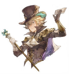  1boy ascot blonde_hair blue_eyes chat_noir_(granblue_fantasy) commentary_request dated envelope granblue_fantasy hat male_focus mikebosi monocle photoshop_(medium) short_hair smile solo staff top_hat upper_body 