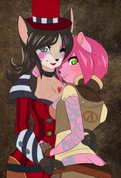 2k_games alternative_fashion anthro big_breasts borderlands breasts canid canine chimangetsu clothing cosplay daughter_(lore) digital_media_(artwork) duo female green_eyes grey_eyes hat headgear headwear heart_symbol hi_res j-fashion jenevive_(chimangetsu) lilith_(borderlands) mad_moxxi makeup mammal mattie_(chimangetsu) mother_(lore) mother_and_child_(lore) mother_and_daughter_(lore) naked_mole-rat one_eye_closed ouji_(fashion) parent_(lore) parent_and_child_(lore) parent_and_daughter_(lore) raccoon_dog rodent spazzykoneko steampunk tanuki tattoo wink