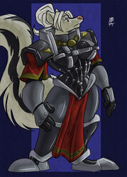 adepta_sororitas anthro armor boob_armor breasts clothed clothing contessaskunk costume donryu duchess_(contessaskunk) female grey_eyes hi_res mammal mephitid sister_of_battle skunk solo tail tattoo warhammer_(franchise) warhammer_40000