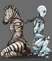 android anthro black_body black_fur blood bodily_fluids cel_shading closed_eyes duo equid equine fur grey_background hooves kneeling machine male mammal nude oniontrain robot robotic_spine shaded side_view simple_background sitting stripes white_body white_fur wire zebra