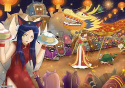 2012 absurd_res ahri_(lol) amumu_(lol) animal_humanoid annie_(lol) blue_hair book braided_hair breasts brown_hair cake canid canid_humanoid canine canine_humanoid card cleavage clothed clothing confetti corki_(lol) dessert dishes dragon dragon_dance ear_piercing explosives facial_hair female firecracker food fox_humanoid green_eyes group hair hat headgear headwear heimerdinger_(lol) hi_res holding_card holding_object human humanoid kennen_(lol) lamp lantern league_of_legends long_hair mammal mammal_humanoid minion_(lol) monster moustache multi_tail mythological_creature mythological_scalie mythology night paper_lantern piercing pink_hair riot_games rumble_(lol) scalie shield sona_(lol) spellbook super-minions tail teemo_(lol) tencent tonne tools wand wrench xd yordle ziggs_(lol)