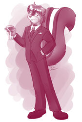 anthro beverage biped cherushi clothed clothing fully_clothed holding_glass holding_object looking_at_viewer male mammal mephitid signature skunk solo standing tail