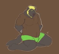 anthro barefoot biceps big_muscles biped blonde_hair blue_eyes clothed clothing feet fur gulonine hair horrorbuns kuzuri male mammal muscular muscular_anthro muscular_male mustelid musteline solo tail topless wolverine