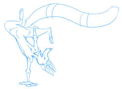 anthro bent_leg blue_and_white breakdancing citra dancing digital_drawing_(artwork) digital_media_(artwork) extended_arms extended_leg fluffy fluffy_tail hand_on_leg hand_on_own_leg handstand holding_leg legs_in_air long_tail male mammal monochrome nude on_one_hand open_mouth open_smile simple_background sketch smile solo spread_arms tail wavy_tail white_background zaush