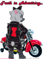 ambiguous_gender anthro bear boots claws clothing demon footwear hourglass_(object) humor jacket james_m_hardiman joke leather mammal motorcycle penance smile solo topwear toy vehicle