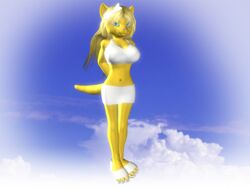 3d_(artwork) 4:3 accessory alonwoof angelina_onyx anthro big_breasts blonde_hair bottomwear bow_(feature) bow_accessory bow_ribbon breasts clothed clothing deity digital_media_(artwork) domestic_cat felid feline felis female footwear fully_clothed hair hair_accessory hair_ribbon hairbow looking_at_viewer mammal ribbons sandals skirt smile solo tail