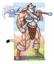 2012 abs anthro armor barbarian biceps big_breasts big_muscles boots breasts chainmail clothing convincing_weapon felid female footwear holding_melee_weapon holding_object holding_sword holding_weapon huge_breasts huge_muscles mammal melee_weapon muscular muscular_anthro muscular_female smile solo sword tail unconvincing_armor vambrace warrior weapon wolfgangcake