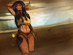 2012 4:3 anthro black_hair blizzard_entertainment bovid bovine braided_hair closed_eyes clothed clothing cloud female hair hoot_(artist) horn jewelry mammal markings navel outside plant raine_bloodhoof raining skimpy smile solo tail tail_tuft tauren the_barrens tree tuft warcraft wet wood