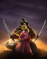 anthro bear blizzard_entertainment blue_eyes brown_body brown_fur brown_hair canid canine clothed clothing dual_wielding duo female fox fur hair holding_melee_weapon holding_object holding_sword holding_weapon katana long_hair male mammal melee_weapon mists_of_pandaria multicolored_body multicolored_fur pandaren samurai samwise samwise_didier sword tail two_tone_body two_tone_fur warcraft warrior weapon white_body white_fur