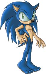 3_toes 5_fingers alpha_channel anthro barefoot big_eyes big_head biped black_nose blue_body blue_fur blue_hair buttercup_saiyan eulipotyphlan featureless_crotch feet fingers fur green_eyes hair hedgehog looking_aside looking_at_viewer male mammal nude sega simple_background solo sonic_the_hedgehog sonic_the_hedgehog_(series) standing tan_body tan_skin toes toony transparent_background