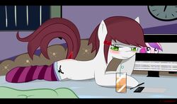 beverage blush brown_hair clothing computer cutie_mark drawing_tablet electronics equid equine fan_character female feral food footwear friendship_is_magic green_eyes hair hasbro hi_res horse legwear looking_at_viewer lying mammal my_little_pony on_front pony princess_cadance_(mlp) screen semi-anthro socks solo tablet tail tiarawhy tiarawhy_(mlp)