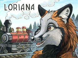 2008 anthro canid canine cloud cross_fox detailed_background female forest fox kacey locomotive loriana mammal name_badge outside plant railway railway_track red_fox scenery sky smoke solo steam_locomotive train tree true_fox vehicle wood