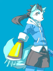 5_fingers anthro biped blue_background blue_body blue_fur bottomwear canid canine canis cel_shading chest_tuft clothed clothing fingers fully_clothed fur grey_eyes grey_hair hair hoodie inner_ear_fluff jacket kenn looking_aside looking_at_viewer male mammal ponytail rolled_up_sleeves rou_kemonone shaded shorts simple_background solo standing tail topwear tuft utau white_body white_fur wolf zipper