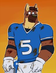 4_fingers anthro armor black_nose blue_clothing blue_jersey blue_shirt blue_t-shirt blue_topwear bodily_fluids bottomwear brown_body brown_fur brown_hair canid canine canis clothing domestic_dog fingers football_helmet front_view fur german_shepherd gloves hair half-length_portrait hammer_(character) handwear headgear helmet herding_dog holding_armor holding_headgear holding_helmet holding_object jersey male mammal muscular muscular_anthro muscular_male orange_background pants pastoral_dog portrait shirt simple_background smile snout solo standing sweat t-shirt topwear vasuki white_bottomwear white_clothing white_gloves white_handwear white_pants