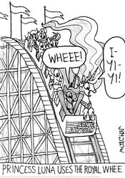 2012 alicorn amusement_park amusement_ride bad_metadata derpy_hooves english_text equid equine female feral friendship_is_magic greyscale group hair hasbro horn humor kinkyturtle long_hair mammal missing_sample monochrome my_little_pony mythological_creature mythological_equine mythology princess_celestia_(mlp) princess_luna_(mlp) pun roller_coaster scared sibling_(lore) sister_(lore) sisters_(lore) text unicorn wings