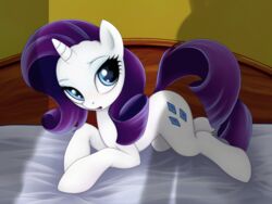 2012 4:3 bed blue_eyes cutie_mark equid equine eyeshadow female feral friendship_is_magic fur furniture hair hasbro horn inside long_hair looking_at_viewer makeup mammal my_little_pony mythological_creature mythological_equine mythology on_bed open_mouth purple_hair quadruped rainbow_(artist) rarity_(mlp) solo tail unicorn white_body white_fur