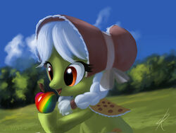 4:3 apple bonnet clothing cloud cutie_mark earth_pony equid equine female feral field food friendship_is_magic fruit granny_smith_(mlp) grass hair hasbro headgear headwear horse mammal my_little_pony orange_eyes outside plant pony raikoh-illust rainbow sky smile solo source_request tree twintails unavailable_at_source white_hair wood zap_apple