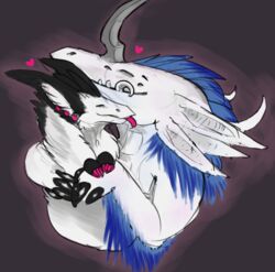 ambiguous_gender claws closed_eyes cuddling dark-dragoncat dragon duo female fluffy heart_symbol hug hybrid licking monster myfi mythological_creature mythological_scalie mythology scalie size_difference tongue tongue_out