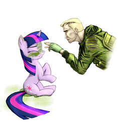 camo crossover duo equid equine female feral friendship_is_magic fur hair hasbro hi_res horn human male mammal multicolored_hair my_little_pony mythological_creature mythological_equine mythology paint purple_body purple_fur purple_hair quadruped s.t.a.l.k.e.r. sitting slade tail twilight_sparkle_(mlp) two_tone_hair unicorn