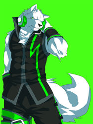 anthro biped canid canine canis cel_shading clothed clothing domestic_dog electronics front_view fully_clothed fur green_background green_eyes headphones kenn looking_at_viewer male mammal muscular muscular_anthro muscular_male sero_tsugumine shaded simple_background solo standing tail utau white_body white_fur wolf