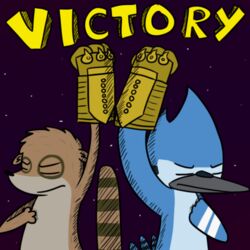 1:1 anthro avian bent_arm bird blue_jay cartoon_network closed_eyes clothing corvid curved_arm dialogue duo english_text extruded_text fists_of_justice furrygami gloves handwear jay_(bird) low_res male mammal mordecai_(regular_show) new_world_jay one_hand_up oscine passerine pose procyonid raccoon raised_arm raised_hand regular_show rigby_(regular_show) space star tail text victory_pose