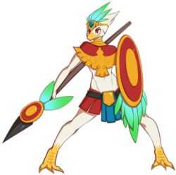 alpha_channel ambiguous_gender anthro armor avian avian_(starbound) dysa feathers fetalstar holding_object holding_weapon jewelry pose shield solo starbound tribal weapon