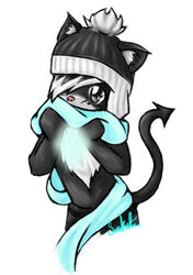 black_body black_fur chest_tuft clothing domestic_cat felid feline felis fur furgonomics hat headgear headwear low_res male mammal scarf simple_background solo tail toque tuft unknown_artist white_background